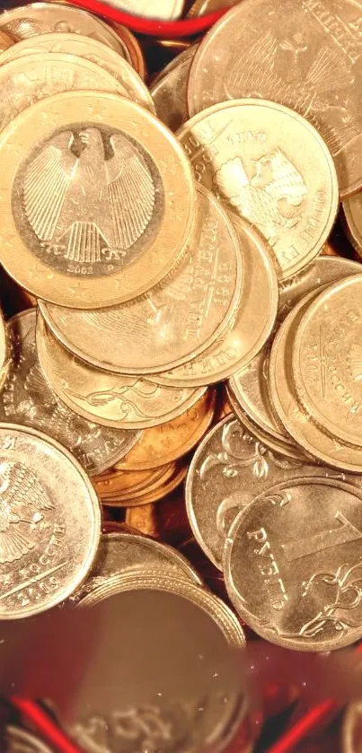 Gold Russian coins piled together creating a rich, shiny background.