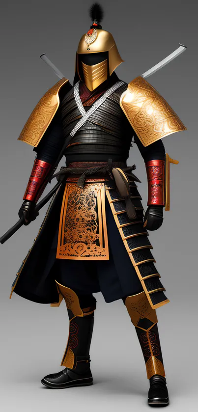 Golden-armored samurai standing proud with swords on a gray background.