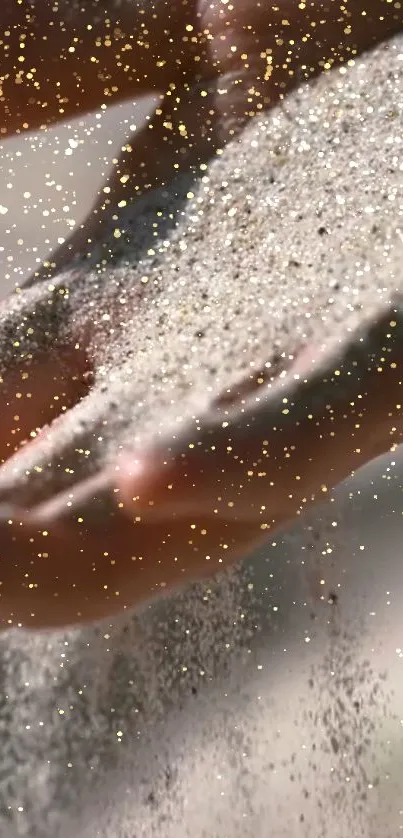 Hands letting golden sand flow gently with sparkling grains.