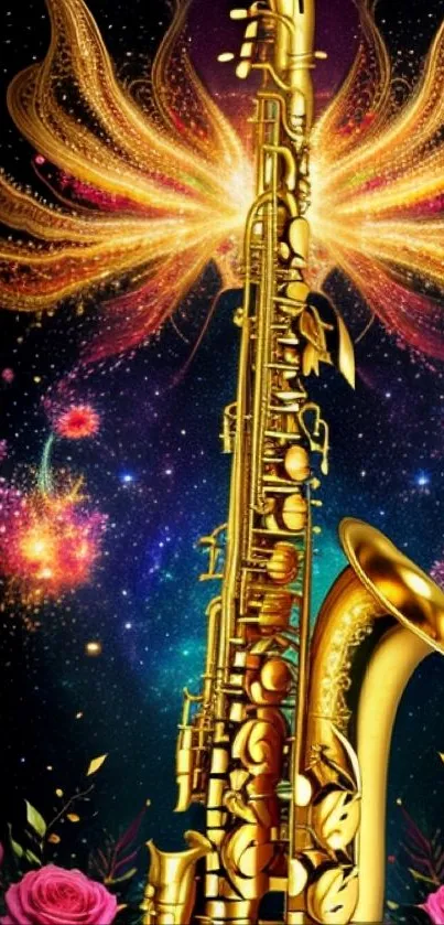 Golden saxophone with vibrant background art.