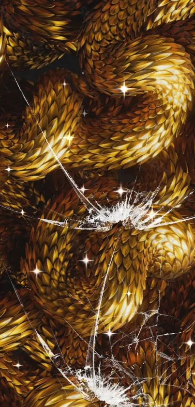 Mobile wallpaper with golden scales and realistic cracked patterns.