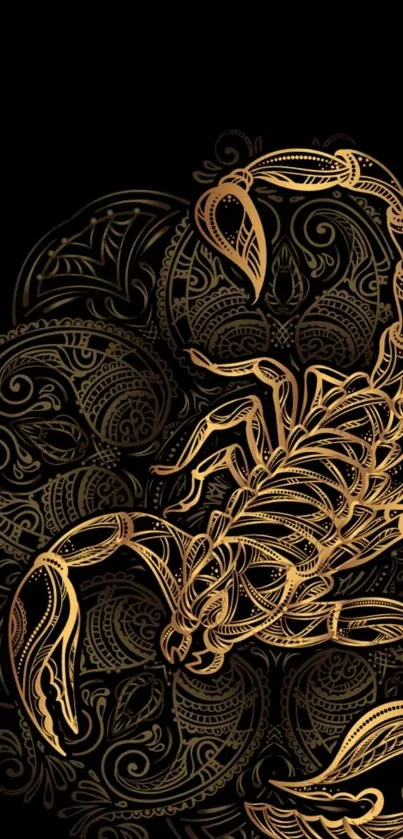 Intricate gold scorpion design on black background with mandala patterns.