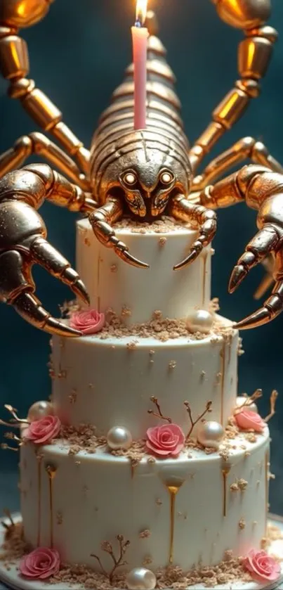 Golden scorpion atop a decorated cake with flowers.