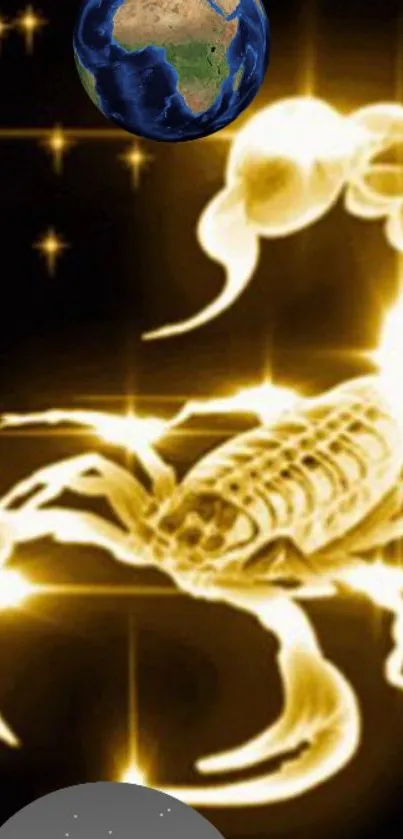 Golden scorpion with celestial background, featuring earth.