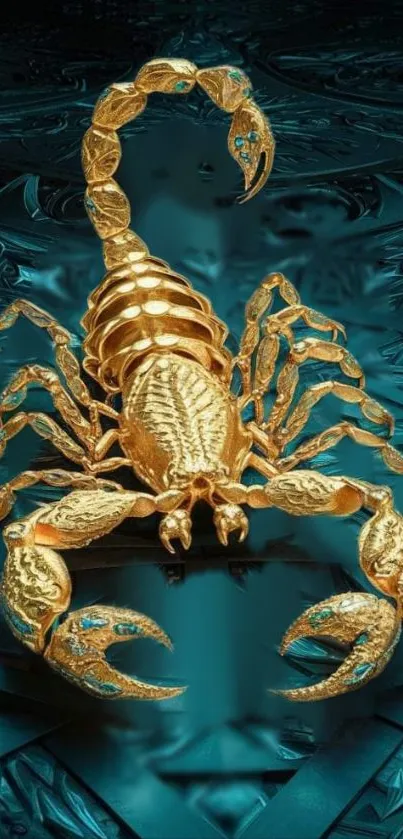 Golden scorpion with turquoise on a teal background.