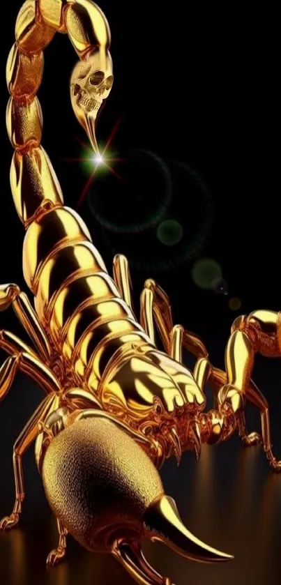 Golden scorpion with a sleek and metallic design set against a dark background.