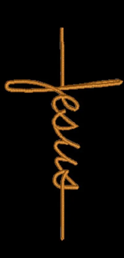 Elegant Jesus cross in golden script on black background.