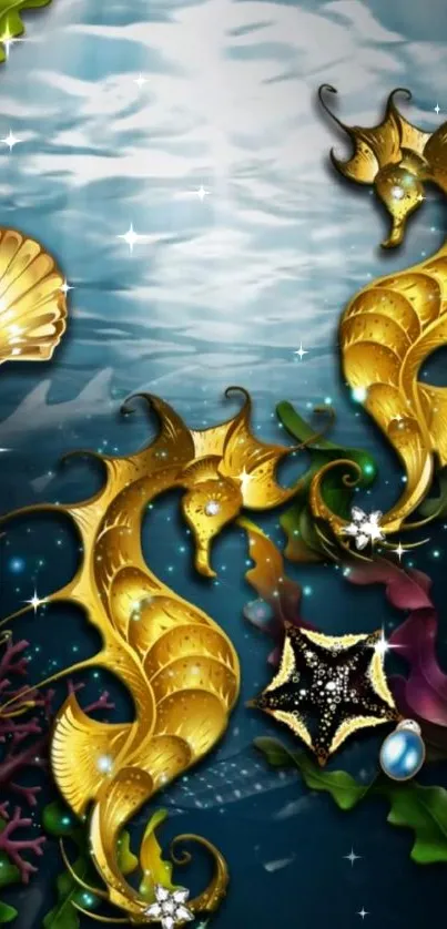 Golden seahorses with seashells and coral underwater wallpaper.