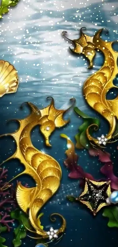 Golden seahorses swim in a colorful underwater fantasy setting.