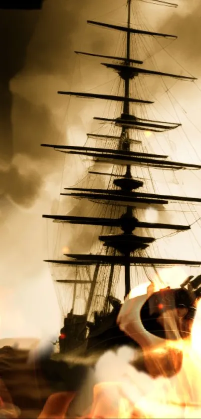 Sepia-toned tall ship with golden fire effects, ideal for nautical lovers.