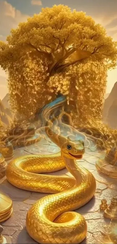 Golden snake in an enchanted forest with golden hues.