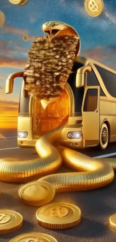 Golden serpent emerging from luxury bus with coins.