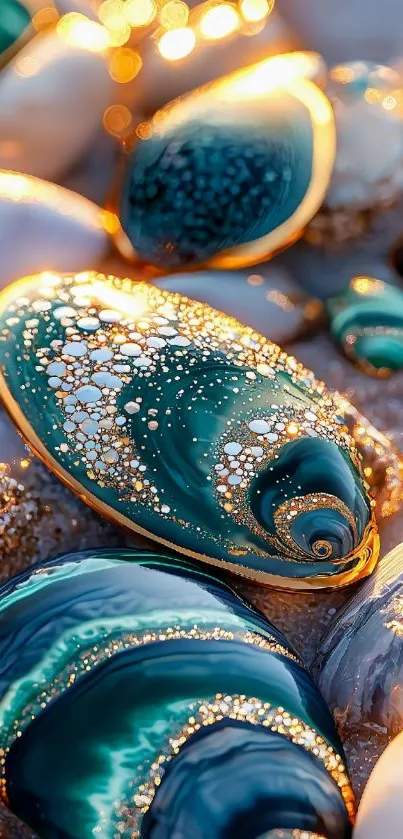 Glistening golden-edged seashells on sandy beach