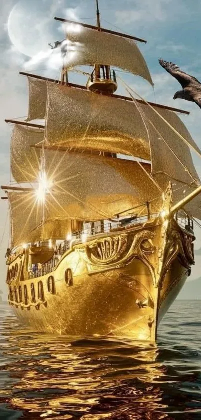 Golden ship with elegant sails on tranquil sea.