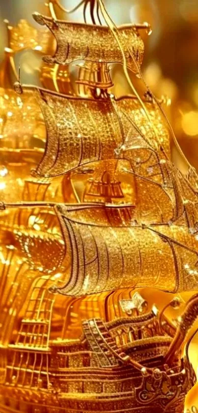 Golden ship ornament with detailed sails.