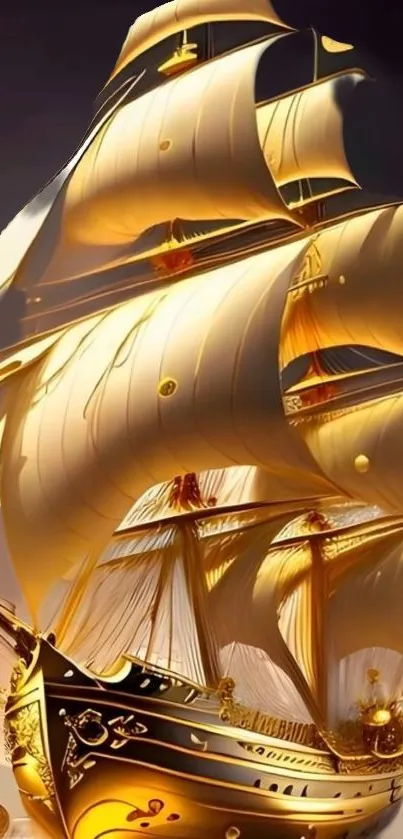 Luxurious golden sailing ship with detailed sails.