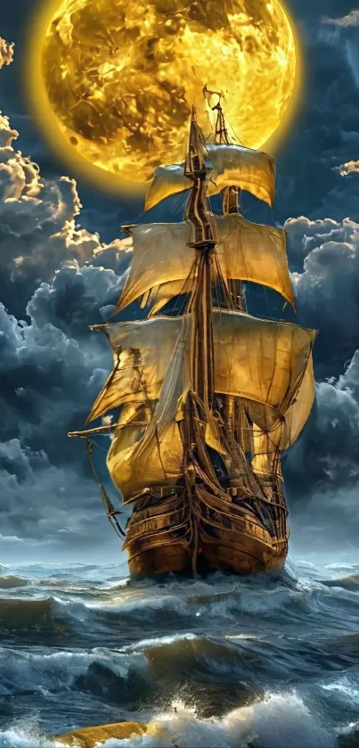 Golden ship sailing under a full moon with dark clouds.