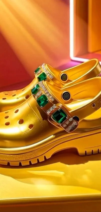 Golden shoes with embellishments on a colorful background.