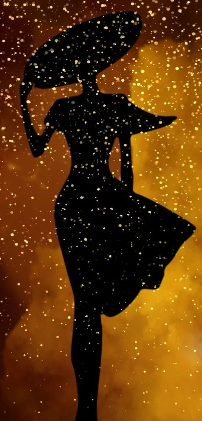 Artistic silhouette on a golden glitter background wallpaper.