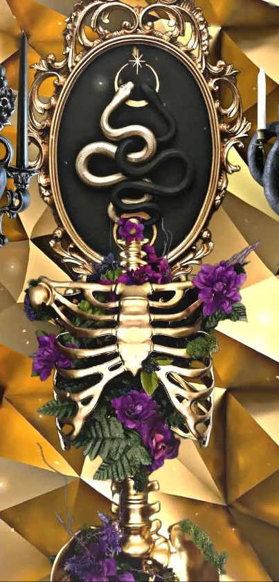 Golden skeleton with snake and purple flowers on a geometric gold background.