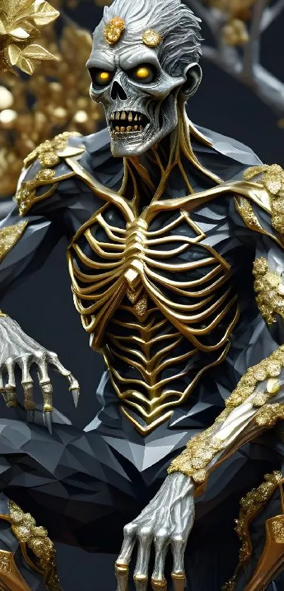 Golden skeleton artwork with intricate details and mystical background.