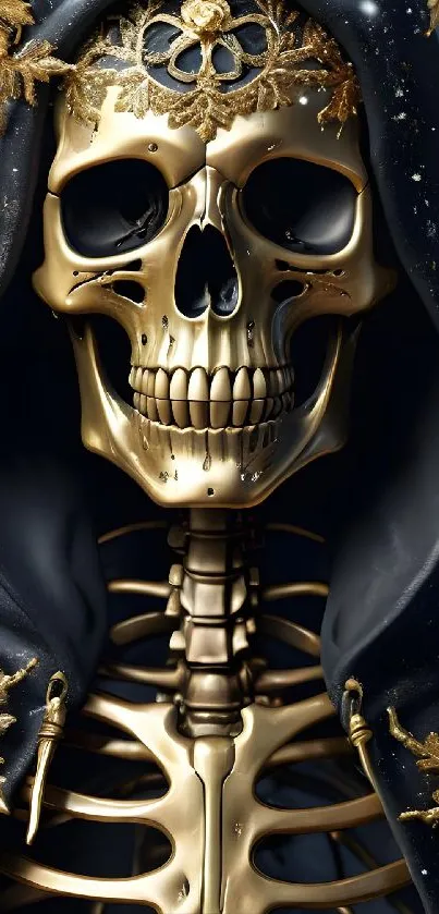 Golden skeleton with hood and intricate details in dark theme.