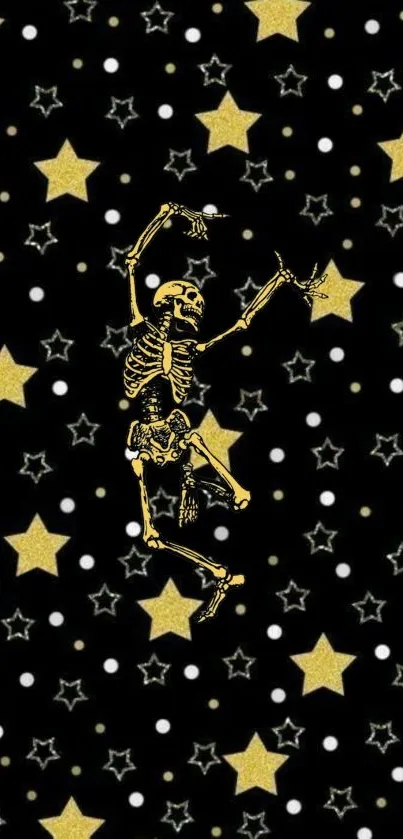 Mobile wallpaper with a golden skeleton and stars on a black background.