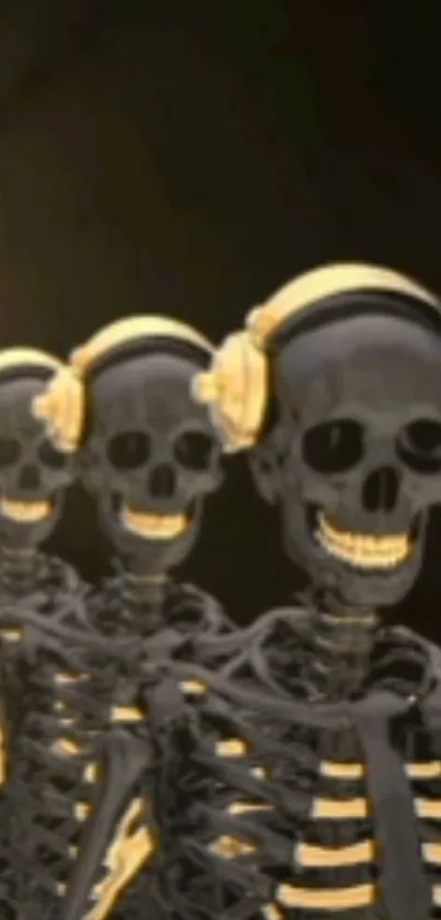 Line of black skeletons with golden headphones on a dark background.