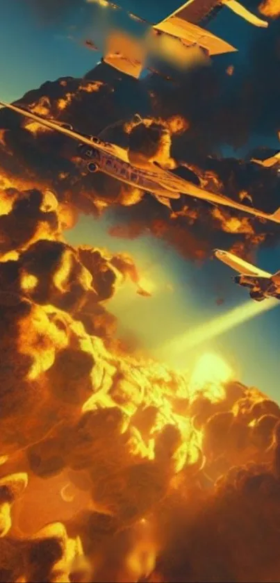 Airplanes soaring through golden clouds in an orange sky.