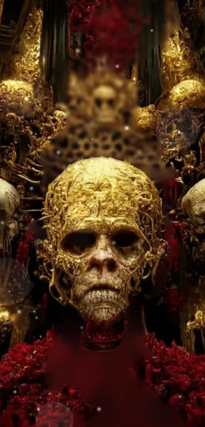 Intricate golden skull artwork with dark, gothic elements for mobile wallpaper.