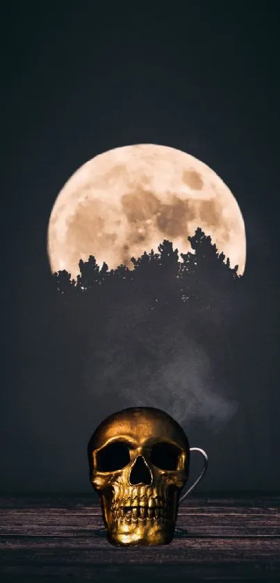 Mobile wallpaper with golden skull and full moon in dark sky.