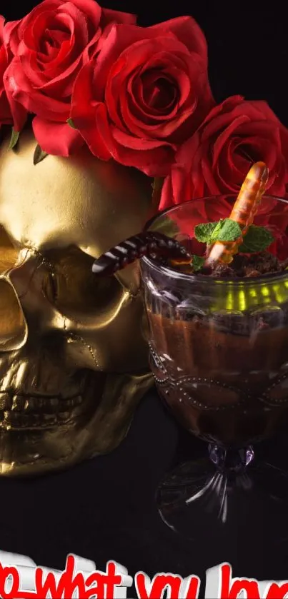 Golden skull with red roses and dessert art wallpaper.