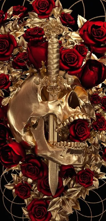 Golden skull with red roses wallpaper art.