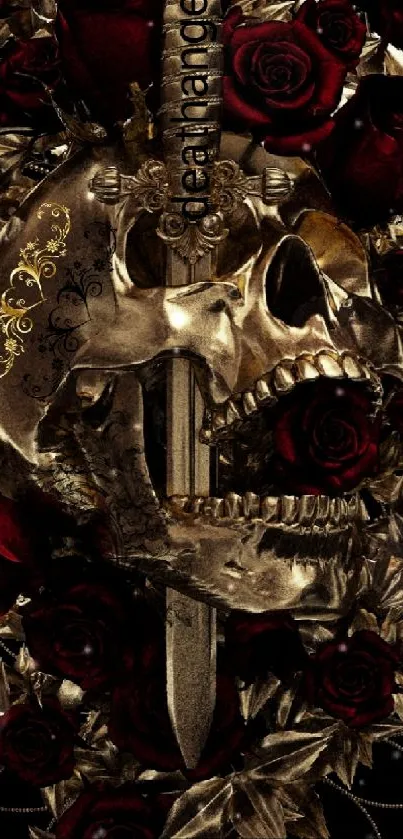 Golden skull and red roses with dagger in artistic wallpaper.