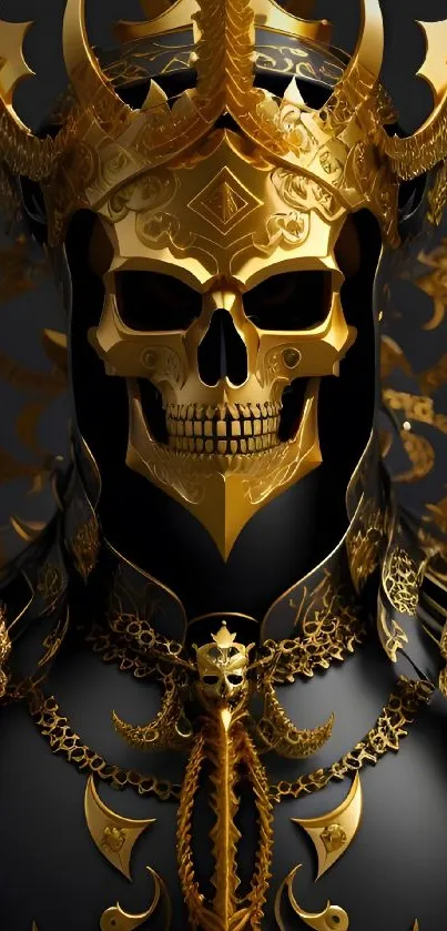 Golden skull armor with intricate design on dark background.