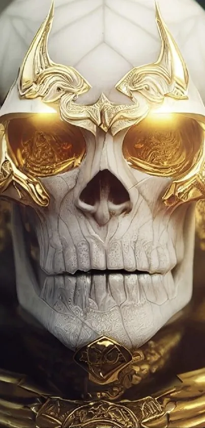 Intricate white skull with golden accents.