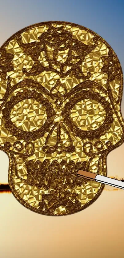 Golden skull artwork with cigarette on serene gradient background.