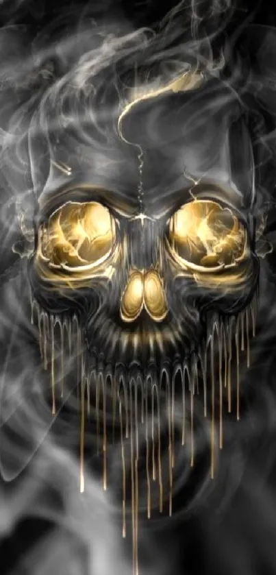 Golden skull with smoke on a dark background mobile wallpaper.