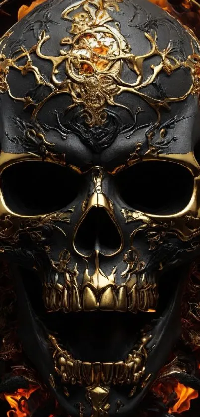 Intricate golden skull mobile wallpaper with fiery details and dark tones.