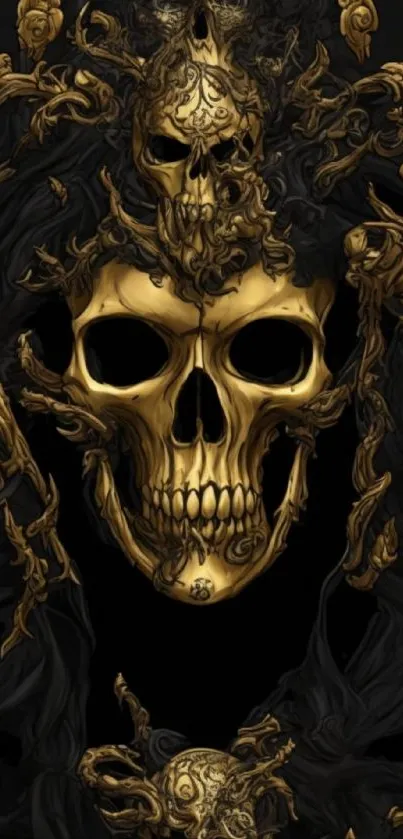 Artistic golden skull with ornate design on dark background.