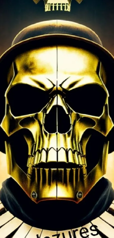 Golden skull artwork with fiery backdrop for mobile wallpaper.