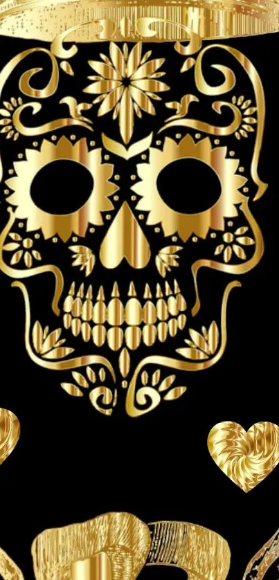 Elegant black and gold skull with floral design on mobile wallpaper.