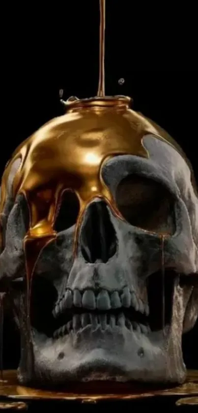 Black wallpaper with a realistic skull and golden liquid flowing over it.