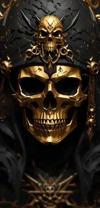 Golden skull with intricate design and dark background.