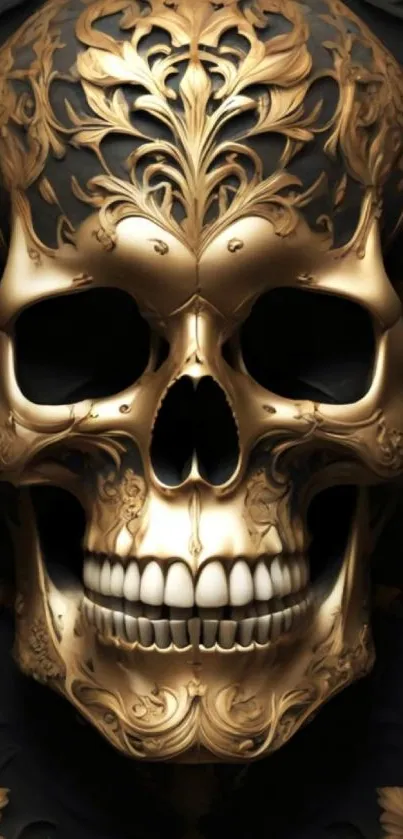 Ornate golden skull with intricate details on dark backdrop.