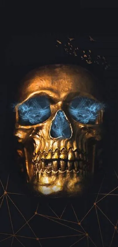 Golden skull with glowing eyes on dark background wallpaper.