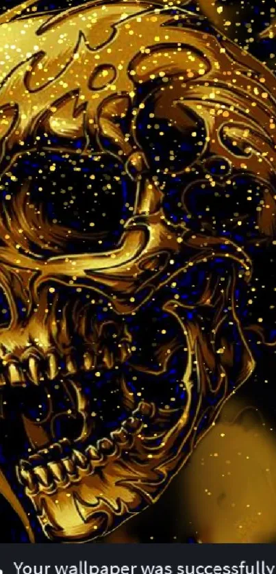Golden skull art wallpaper with dark background and vibrant glow.