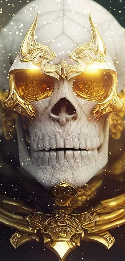 Golden skull with intricate design and glowing eyes on dark background.