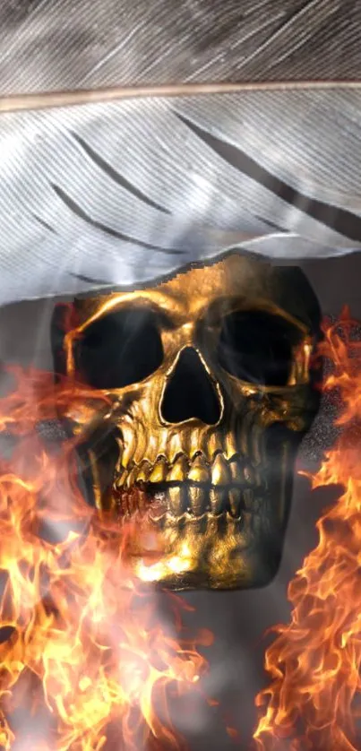 Golden skull with fiery flames and feather in background.