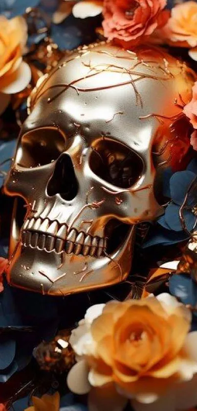 Gold skull surrounded by vibrant flowers.